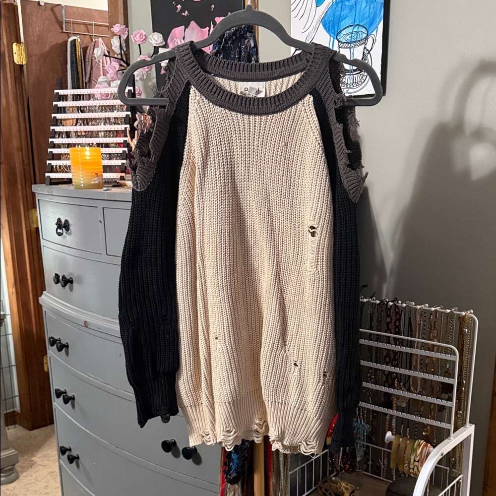 BiBi Off-the-Shoulder Sweater in Black and Cream